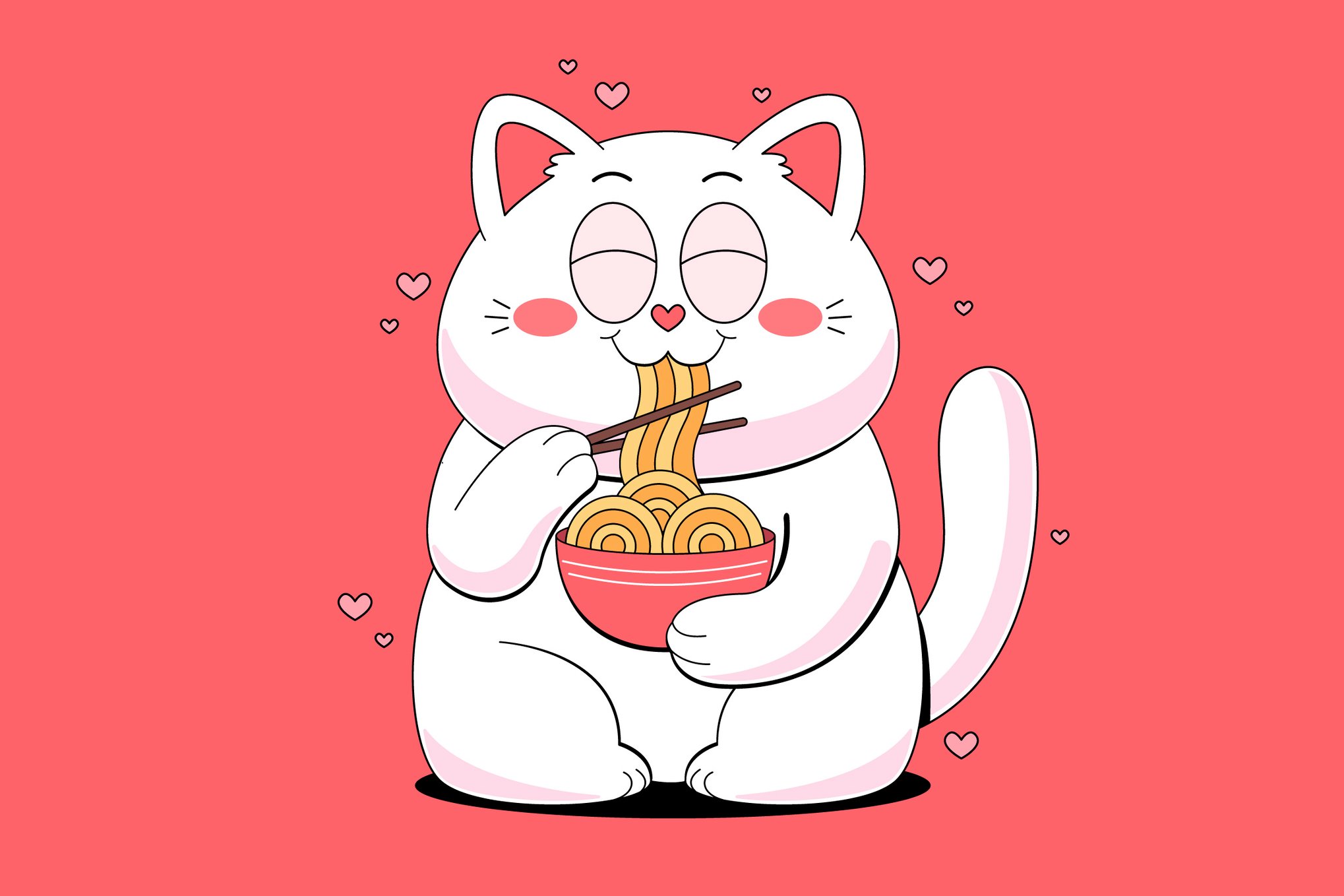 白猫吃面条矢量包含可爱元素插画插图设计素材