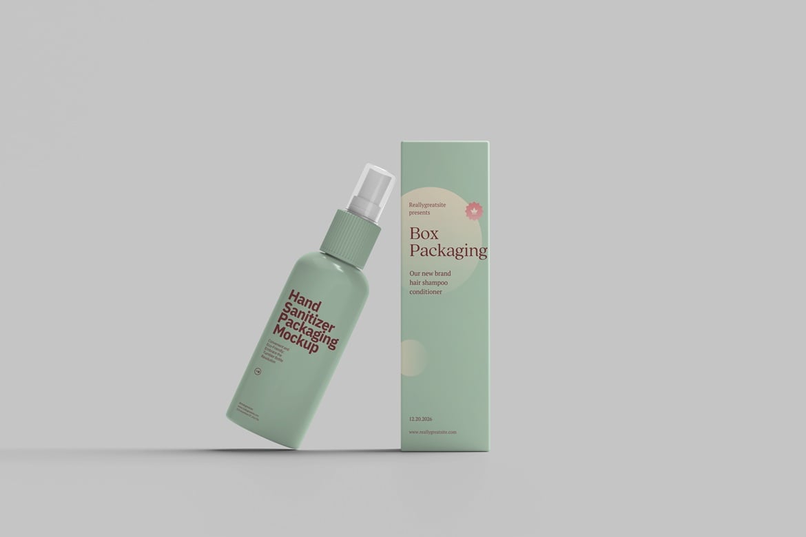 洗手液瓶与包装盒PSD模型样机  Hand Sanitizer Bottle & Box Mockup