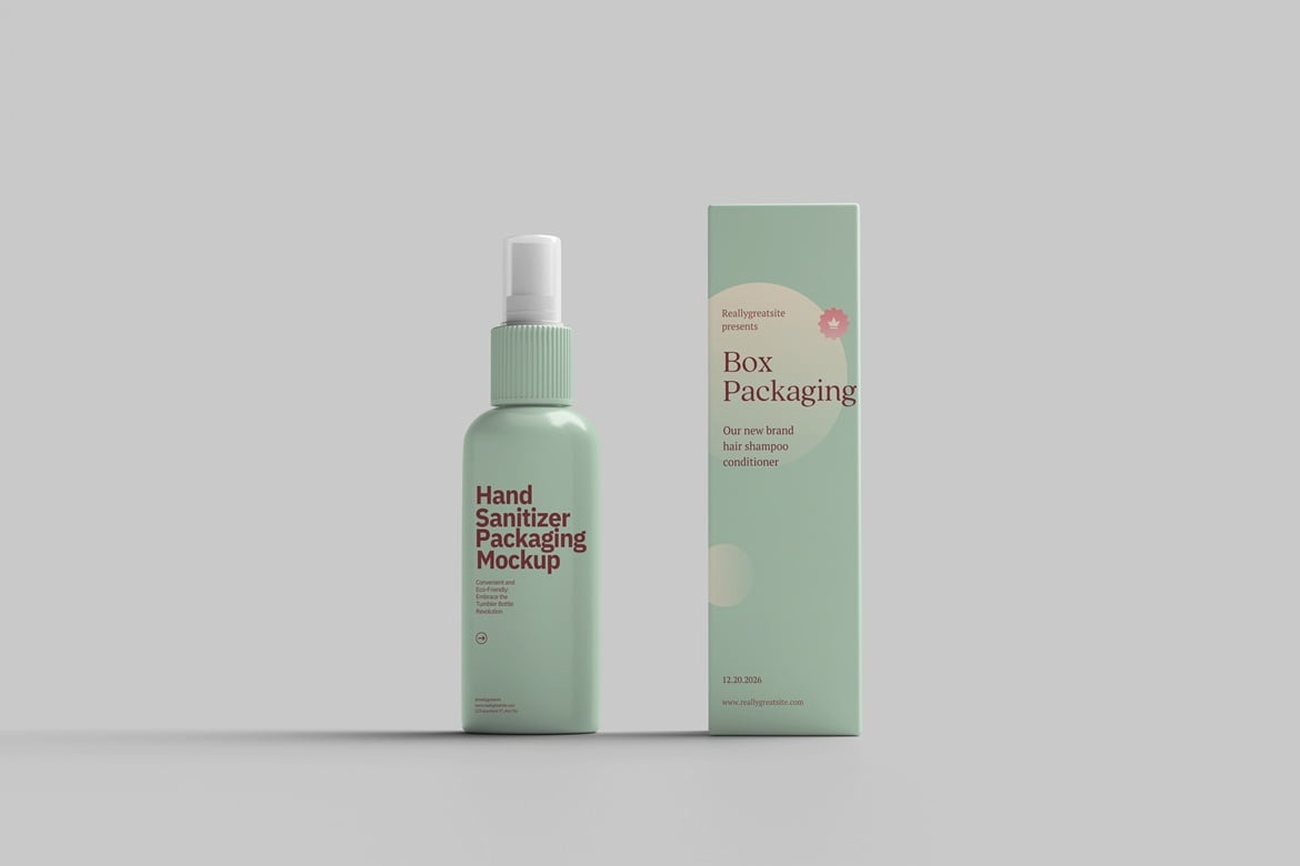 洗手液瓶与包装盒PSD模型样机  Hand Sanitizer Bottle & Box Mockup