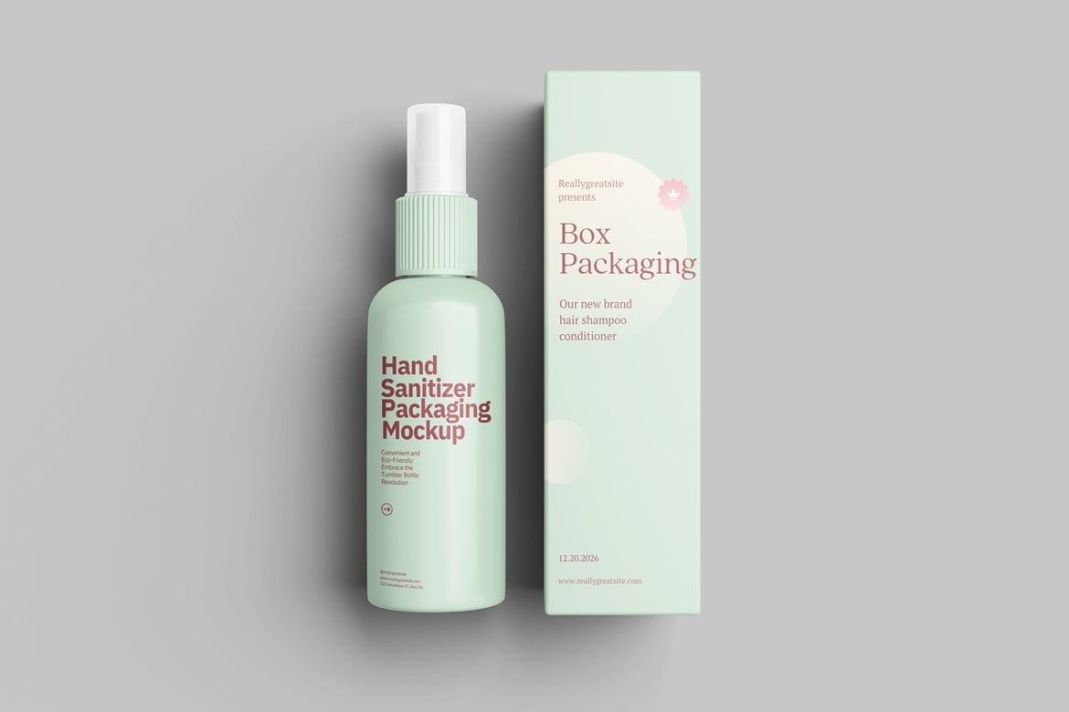 洗手液瓶与包装盒PSD模型样机  Hand Sanitizer Bottle & Box Mockup
