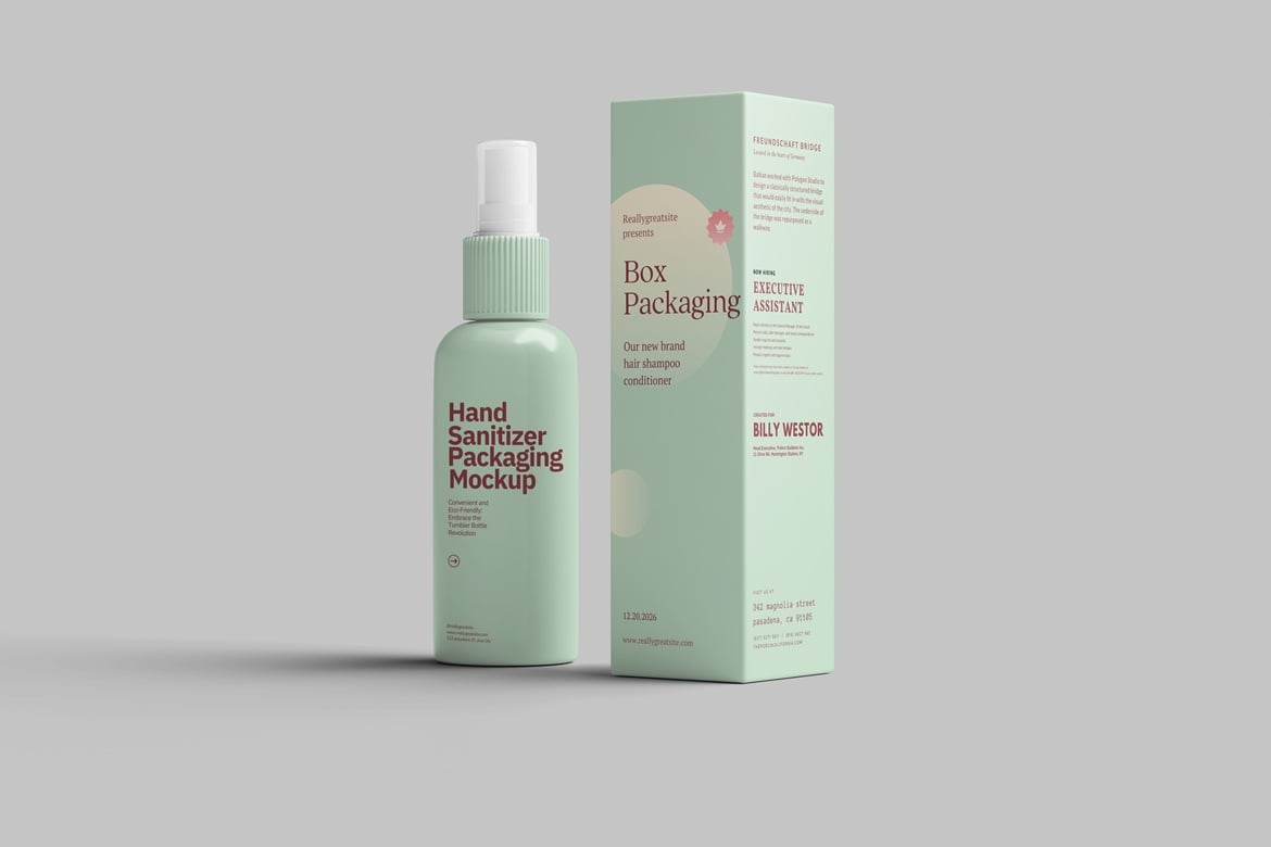 洗手液瓶与包装盒PSD模型样机  Hand Sanitizer Bottle & Box Mockup