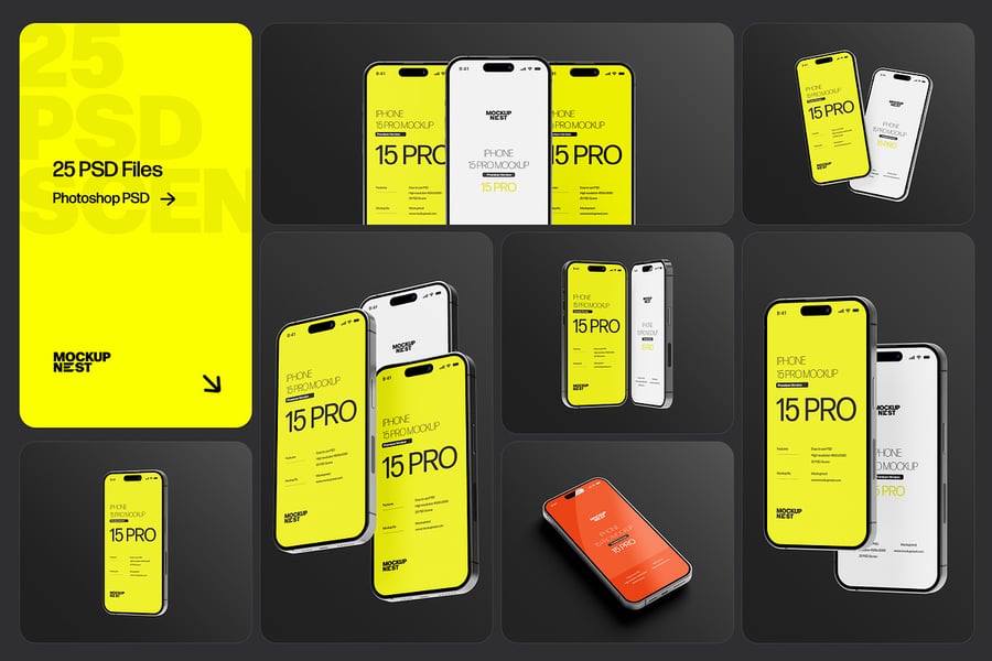 iPhone 15 Pro手机模型集样机 (PSD)