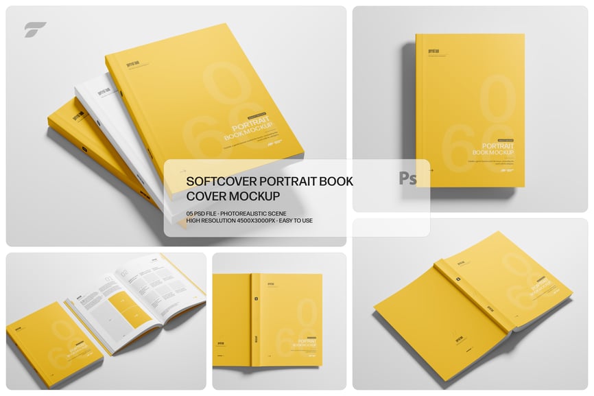 软编制肖像书模型集样机 (PSD) softcover portrait book mockup