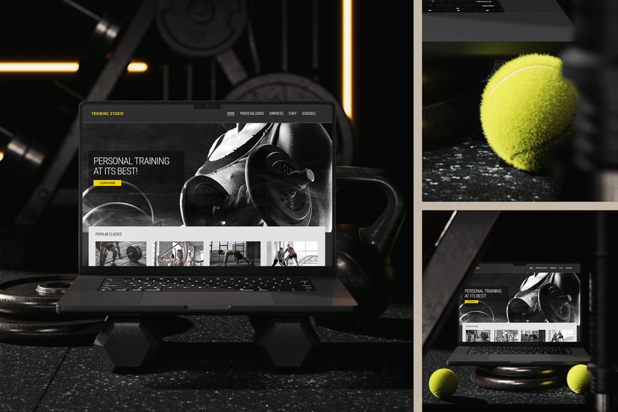 健身房笔记本电脑屏幕模型样机 (PSD) gym scene laptop screen mockup