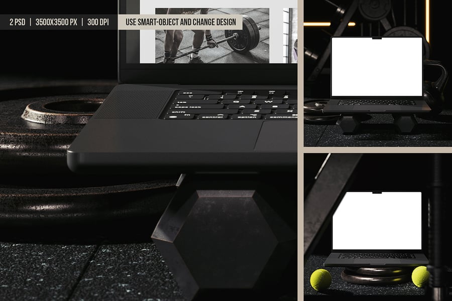 健身房笔记本电脑屏幕模型样机 (PSD) gym scene laptop screen mockup