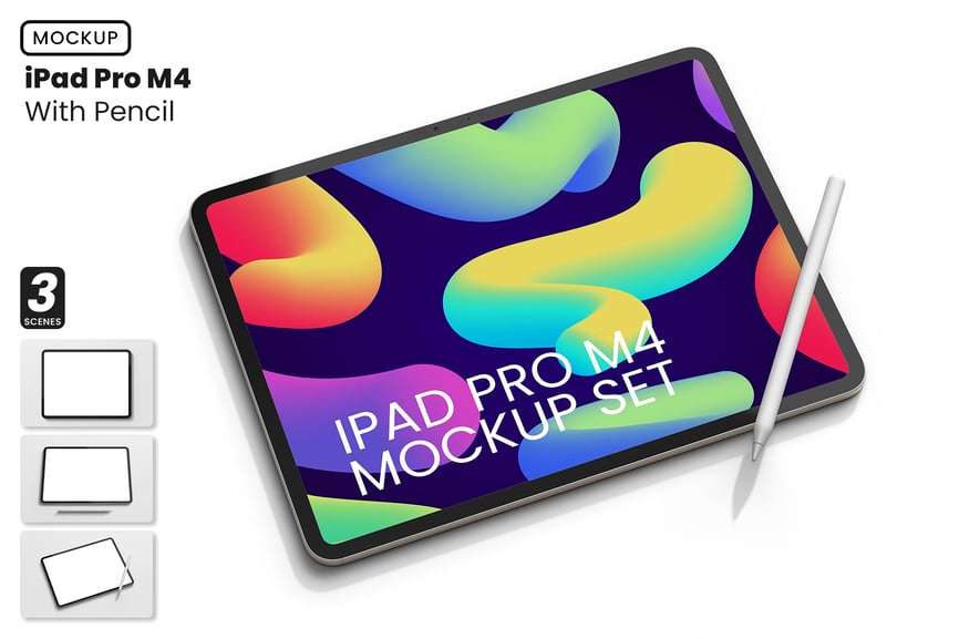 iPad Pro M4与触控笔模型样机 (PSD)