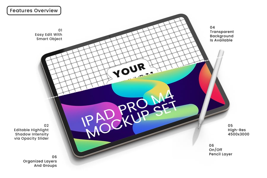 iPad Pro M4与触控笔模型样机 (PSD)
