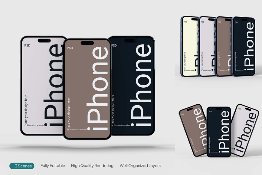 iPhone 16屏幕模型卷样机 (PSD,PDF)