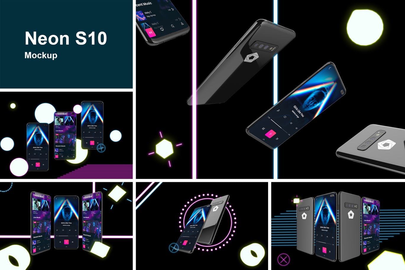 时尚高端震撼的霓虹灯效果的安卓三星S10手机APP UI样机展示模型mockups
