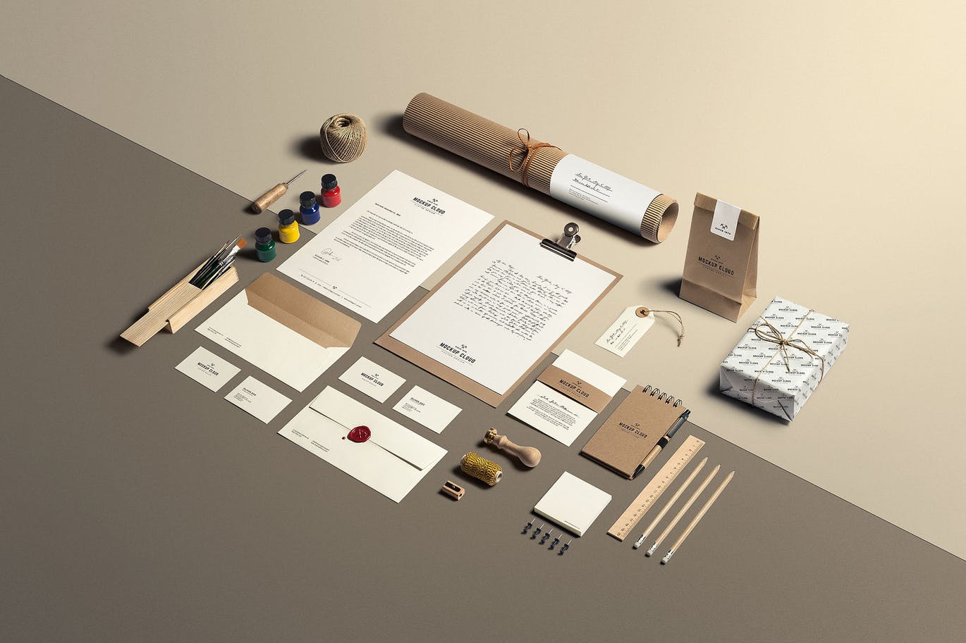 高品质的优雅手绘艺术文具VI样机展示模型mockups