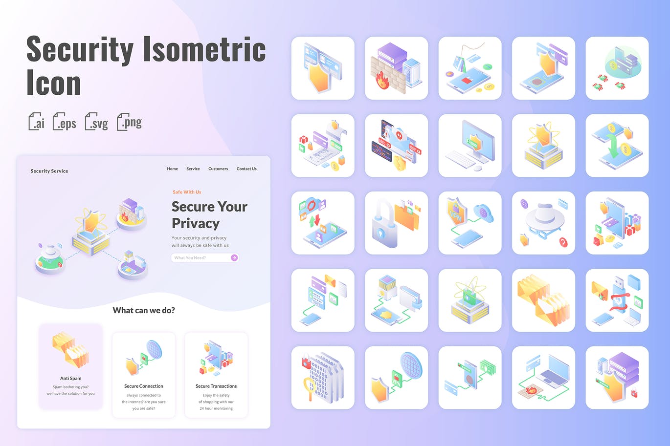 25个3D立体2.5D等轴等距互联网安全图标icon集合-AI，EPS，SVG，PNG