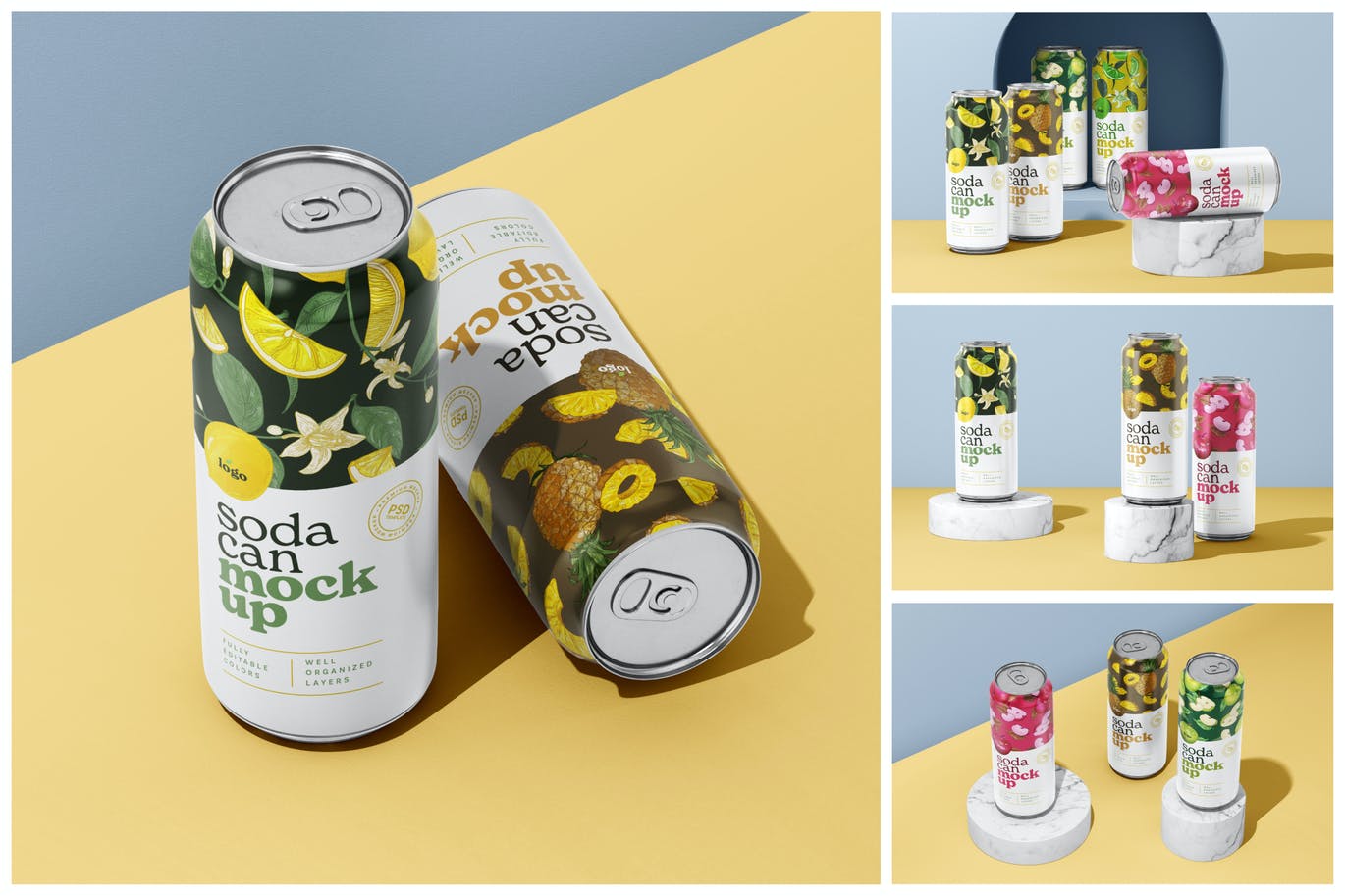 500ml汽水啤酒饮料易拉罐包装设计VI样机展示模型mockups