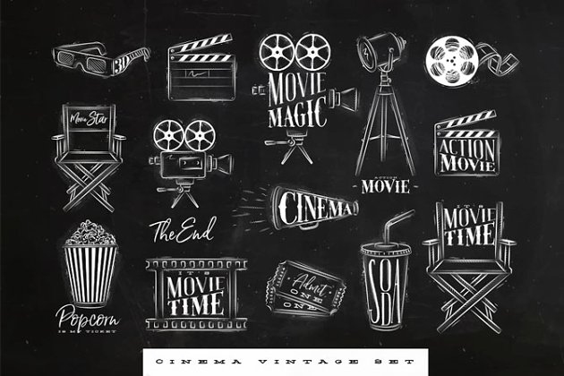 电影院复古手绘元素合集 Cinema Vintage Set