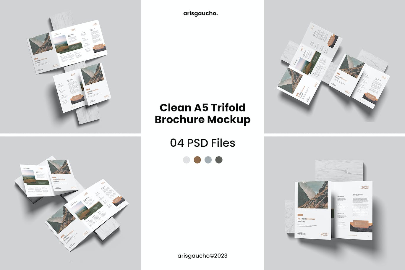 清新简约时尚高端简洁好用的A5尺寸三折页VI设计样机展示模型mockups