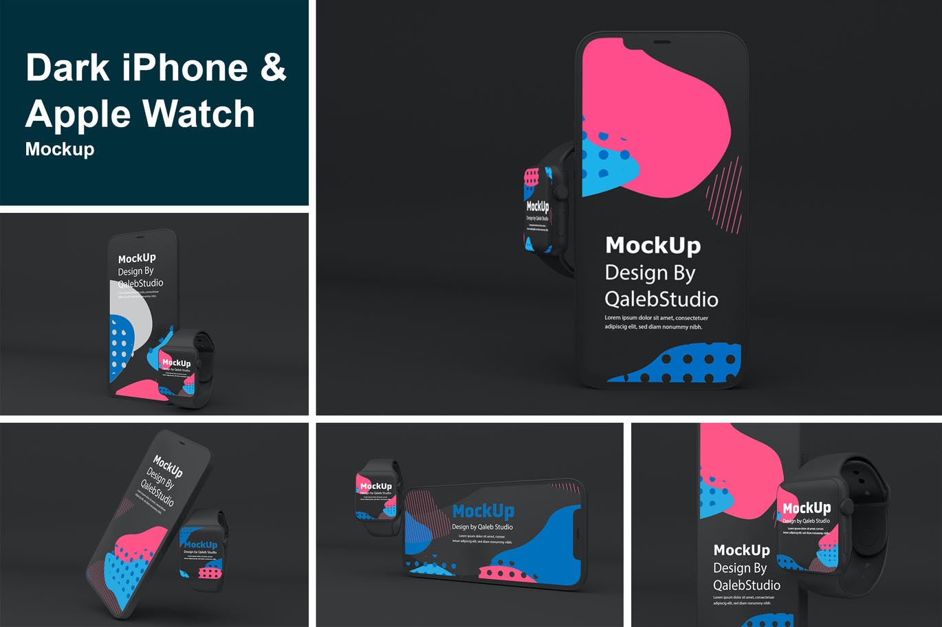 深色iPhone 12和Apple Watch APP UI样机展示模型mockups