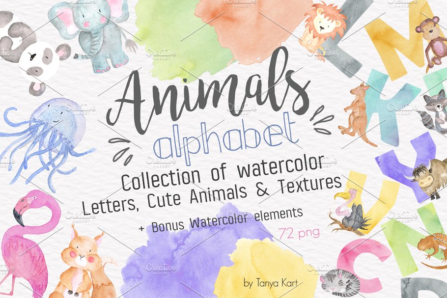 字母水彩动物素材套装 Alphabet Watercolor Animals Kit
