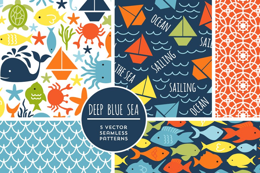 可爱的深蓝色花纹背景纹理 Cute Deep Blue Sea Patterns
