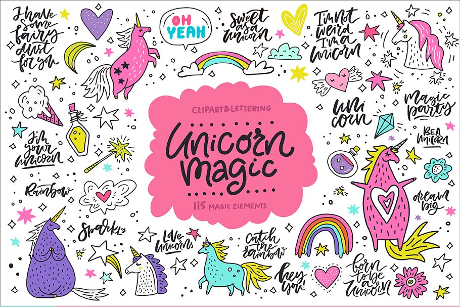 魔幻飞马图形文字包 Unicorn Magic: clipart & lettering