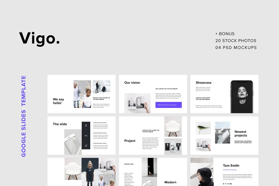 时尚互联网项目ppt演示谷歌模板 VIGO – Google Slides Template +Bonus