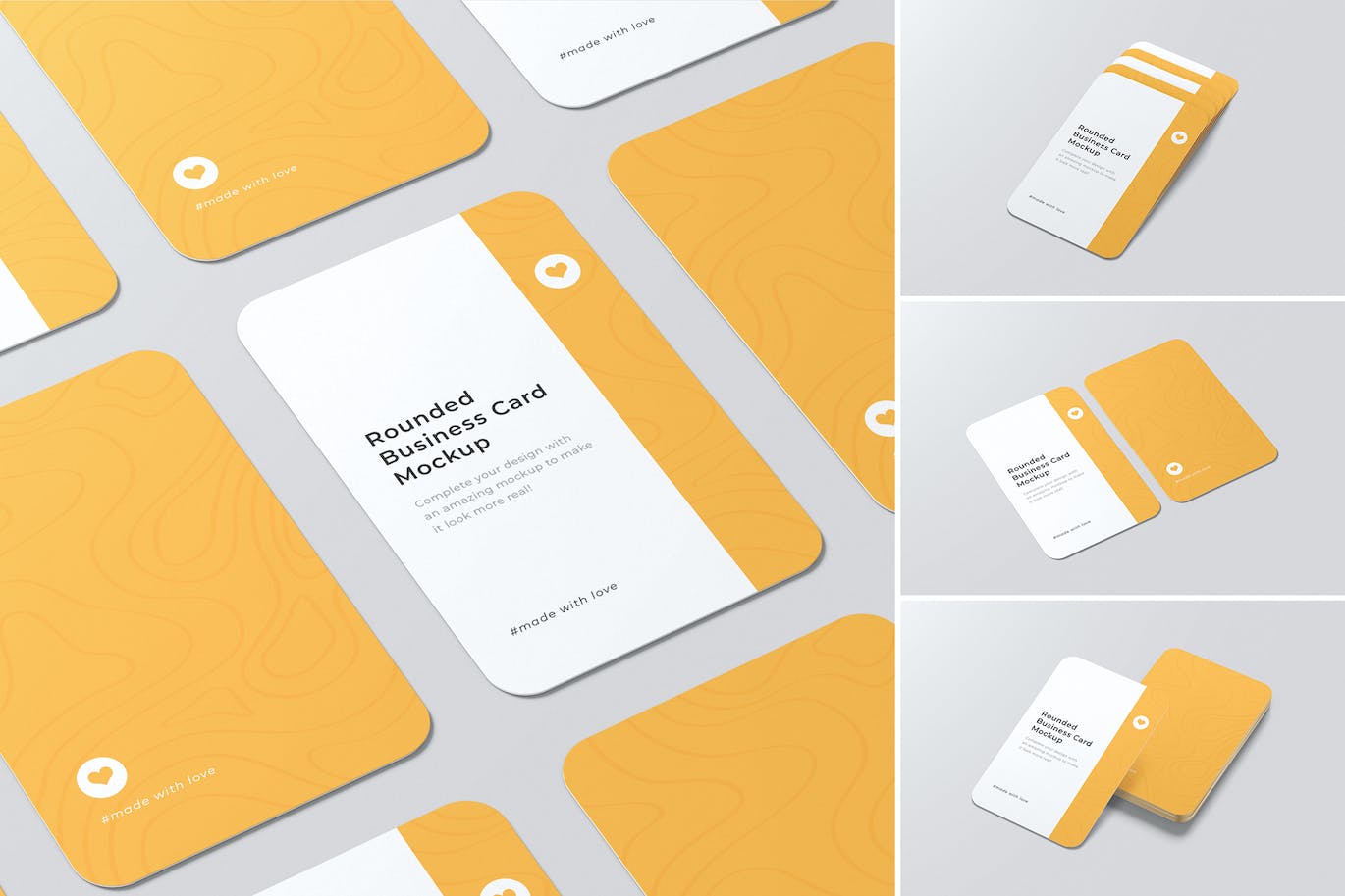高品质的垂直圆角名片设计VI设计样机展示模型mockups
