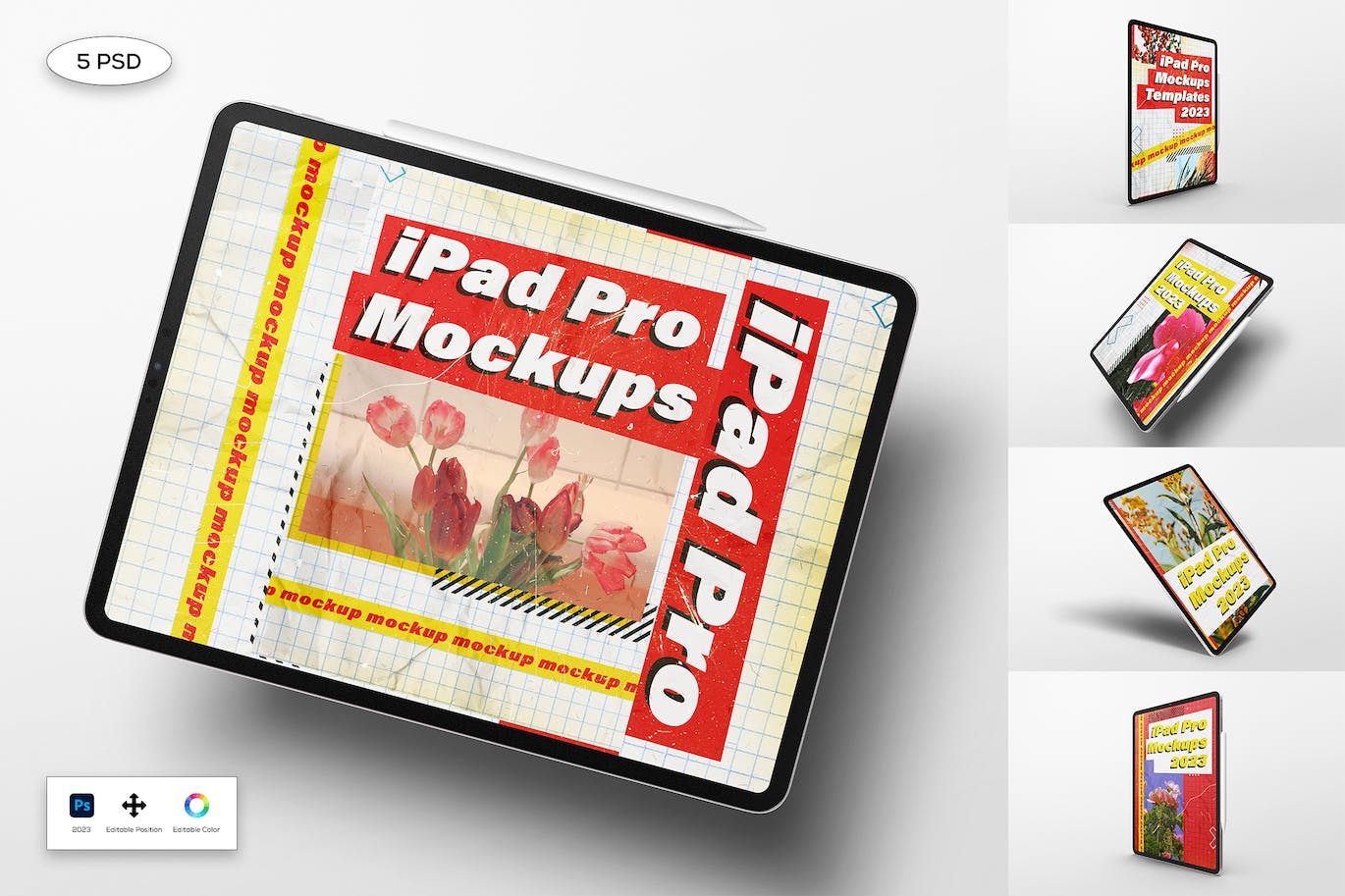 带手写笔的银色iPad Pro样机 (PSD)