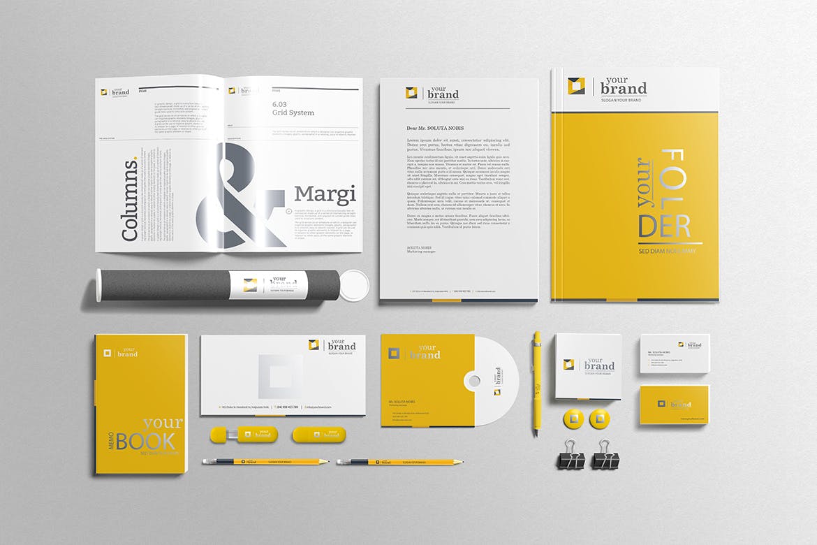 高品质的时尚办公文具VI样机展示模型mockups