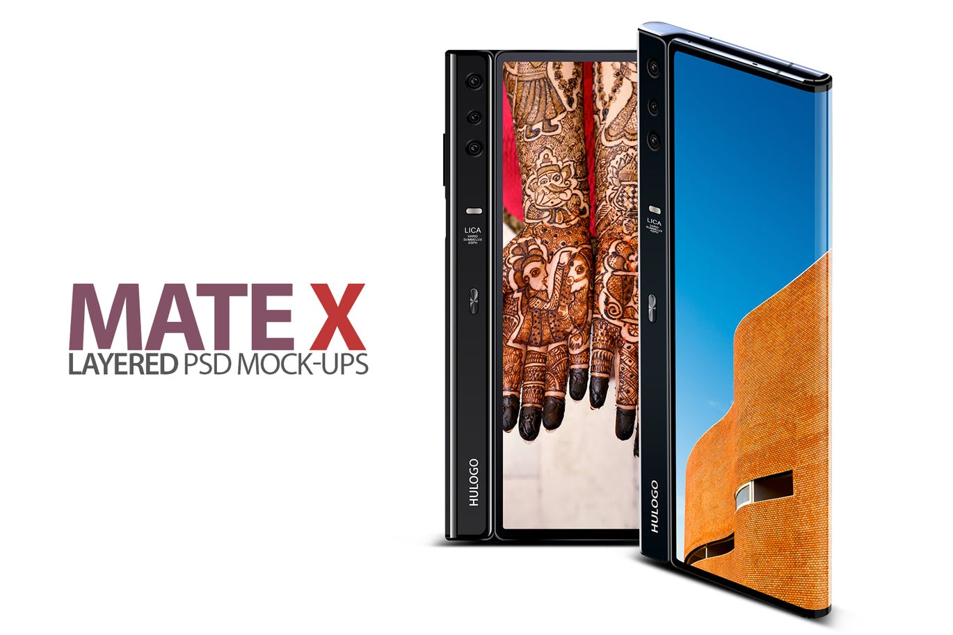 少见稀有的华为Mate X折叠屏手机APP UI样机VI展示模型mockups