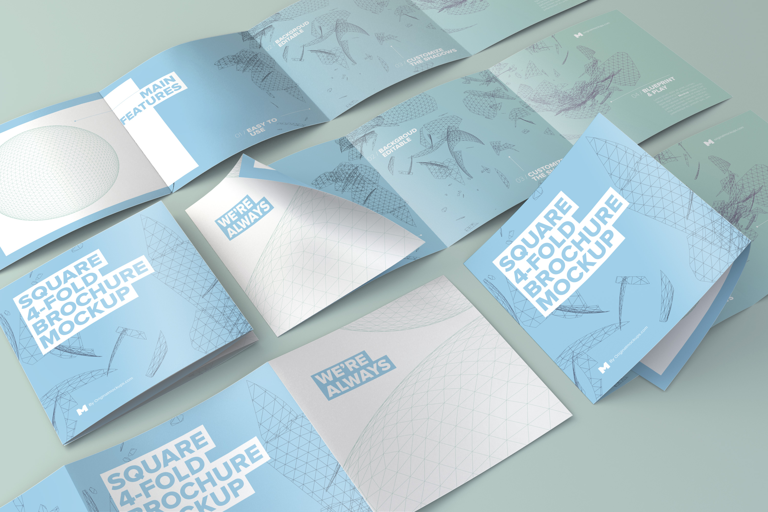 方形四折页小册子网格布局模型 Square 4-Fold Brochure Grid Layout Mockup