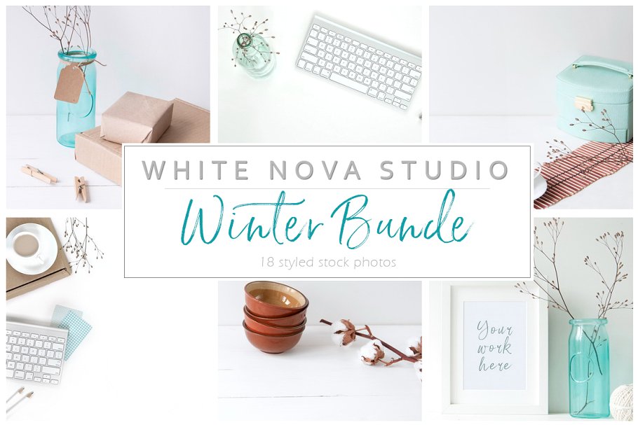 蓝色办公室照片样机 Blue stock photo bundle