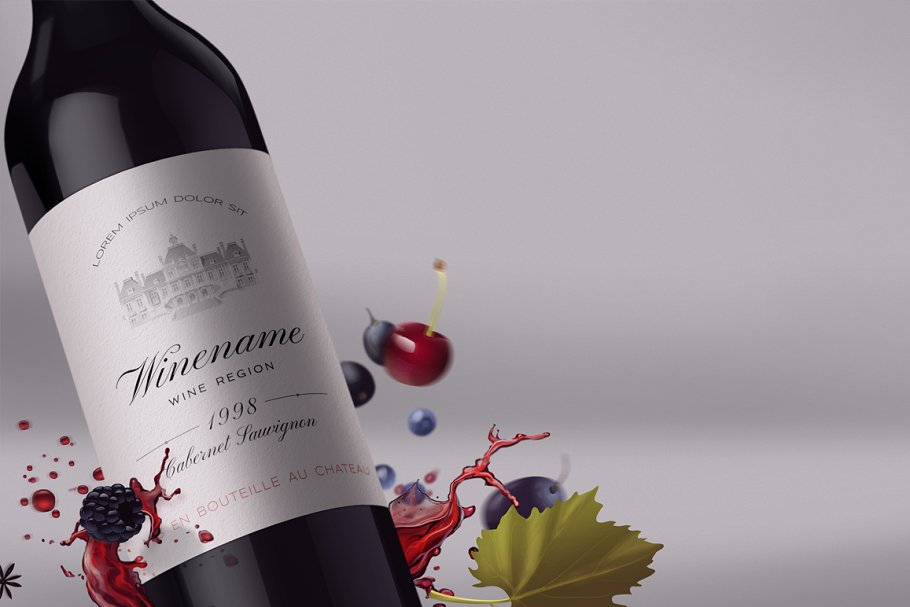 酒瓶标签素材模板 Wine bottle and label mock-up